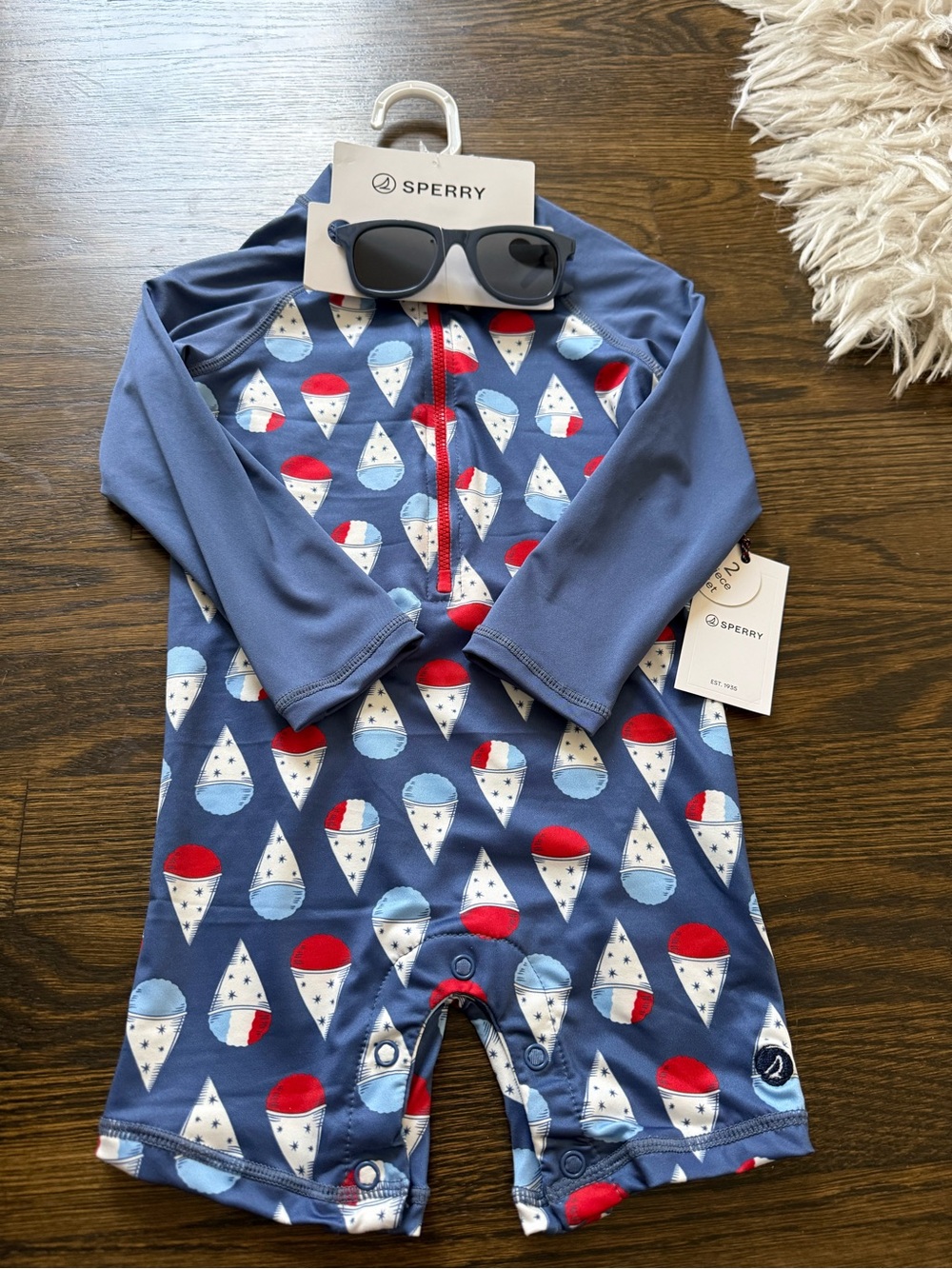Sperry Navy Kids Rashguard Sunsuit with Red & Light Blue Sailboat Print